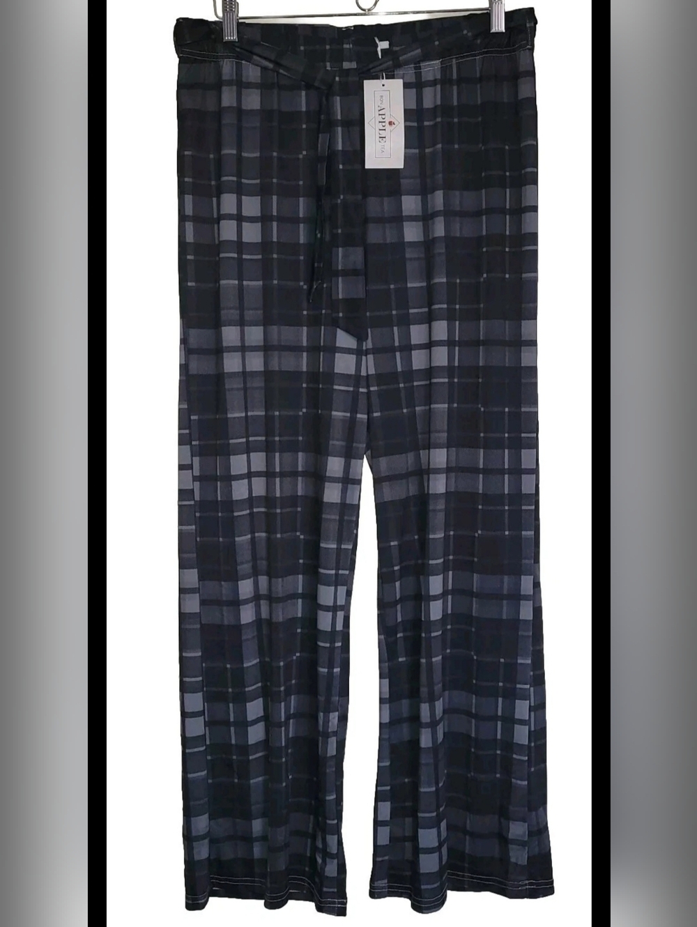 Bon Apple Tea Preppy Plaid Blue Black Pull On Wide Leg Pant Sash XL Lightweight